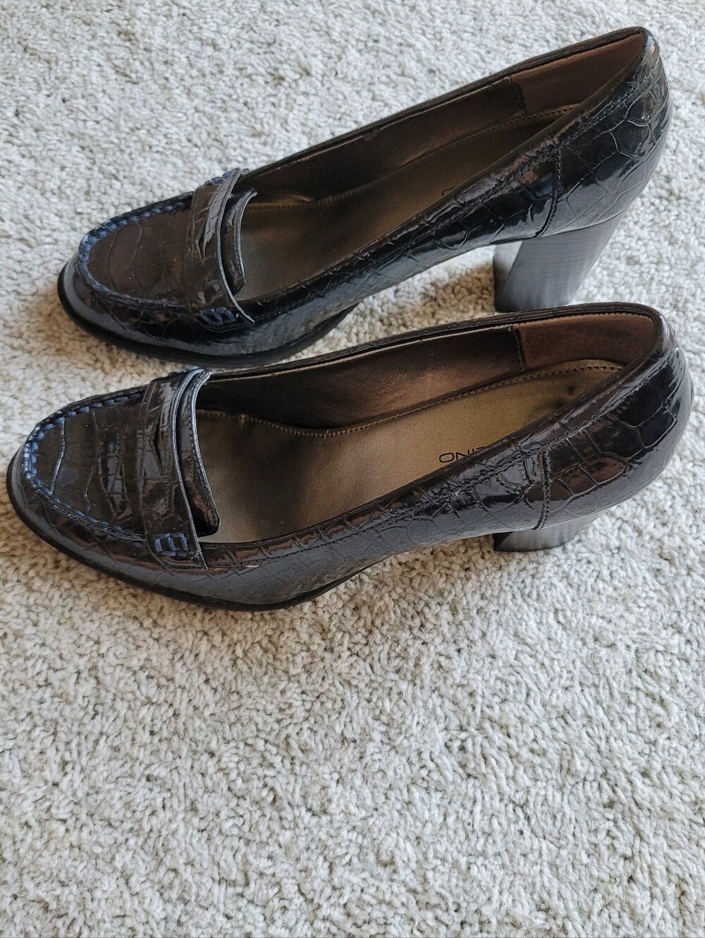 Navy Croc-embossed Block Heel  Loafers  3 " Heels Great Condition